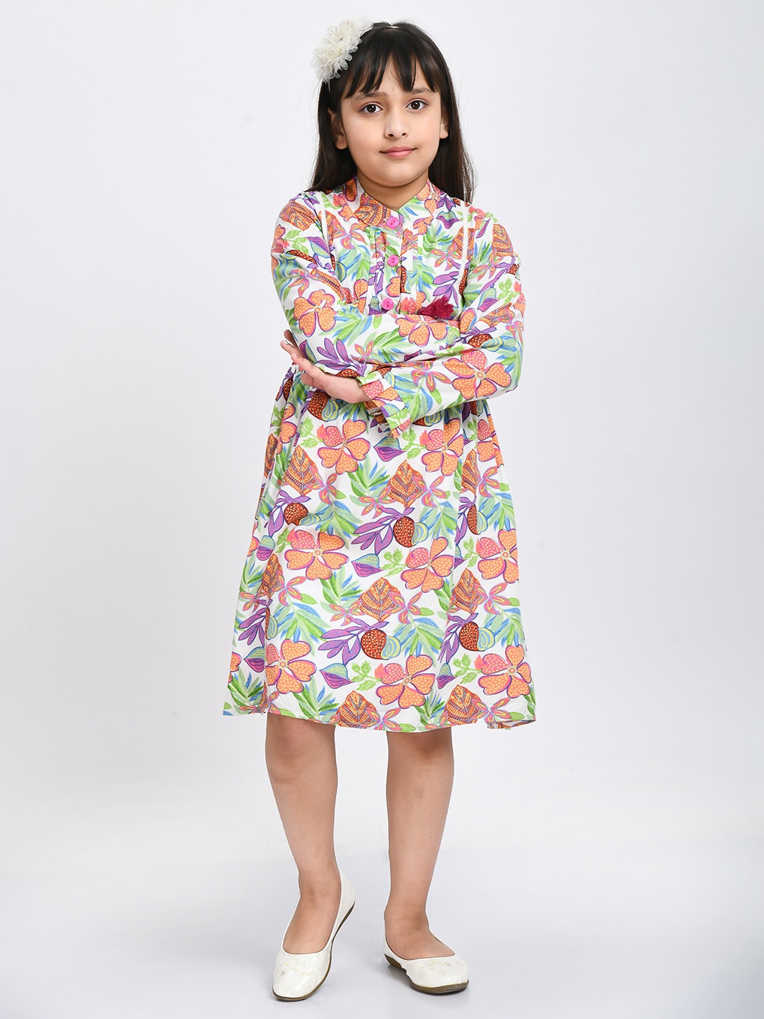 

Bella Moda Floral Printed Flared Sleeves Dress, White