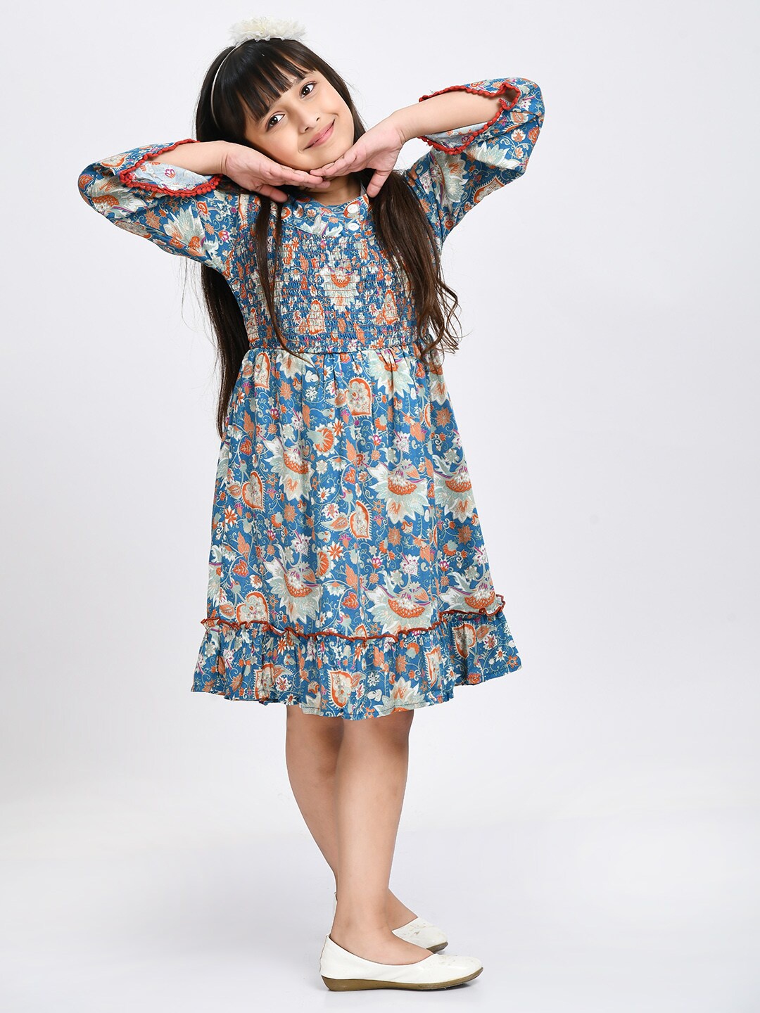 

Bella Moda Girls Blue & Orange Cotton Floral Dress