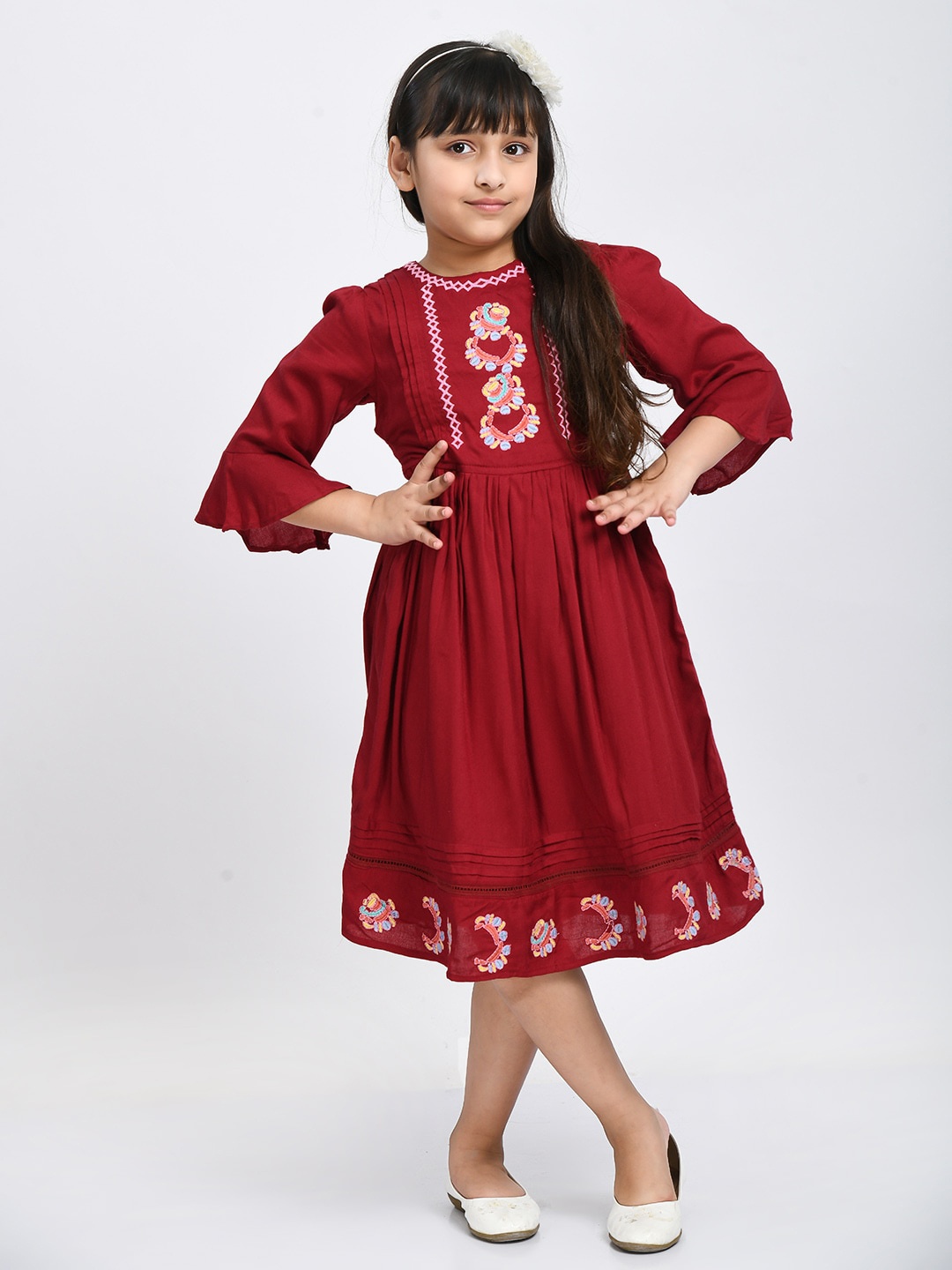 

Bella Moda Girls Maroon & Pink Cotton Embroidered Midi Dress