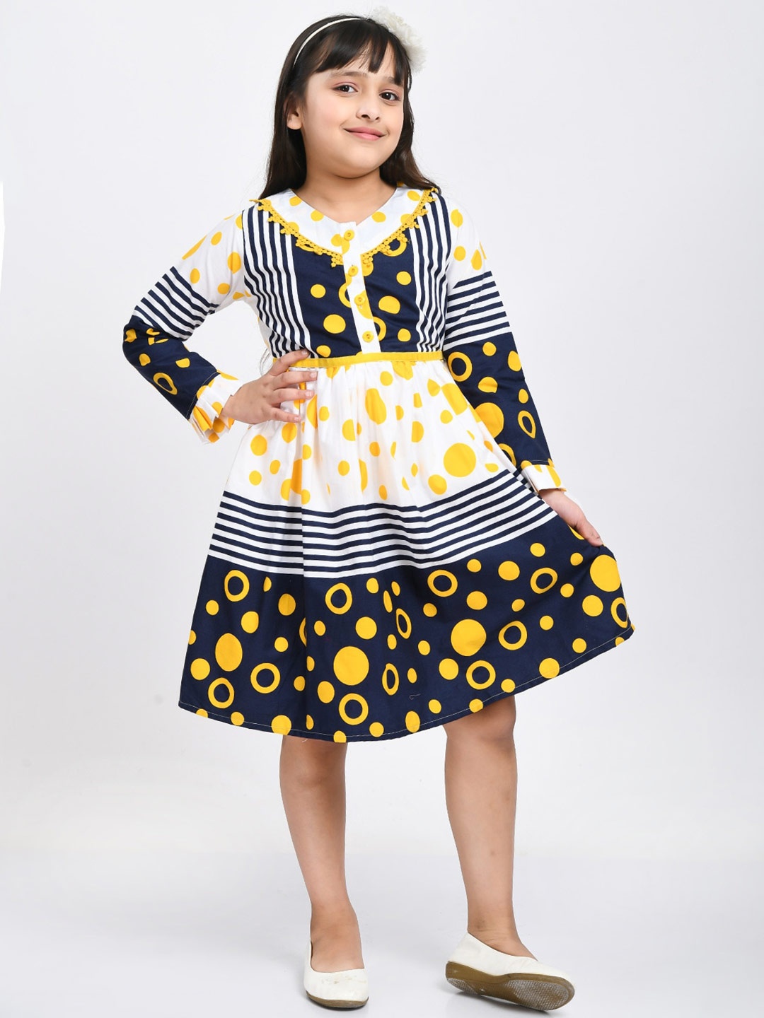 

Bella Moda Girls Navy Blue & White Cotton Tie-Up Neck Dress