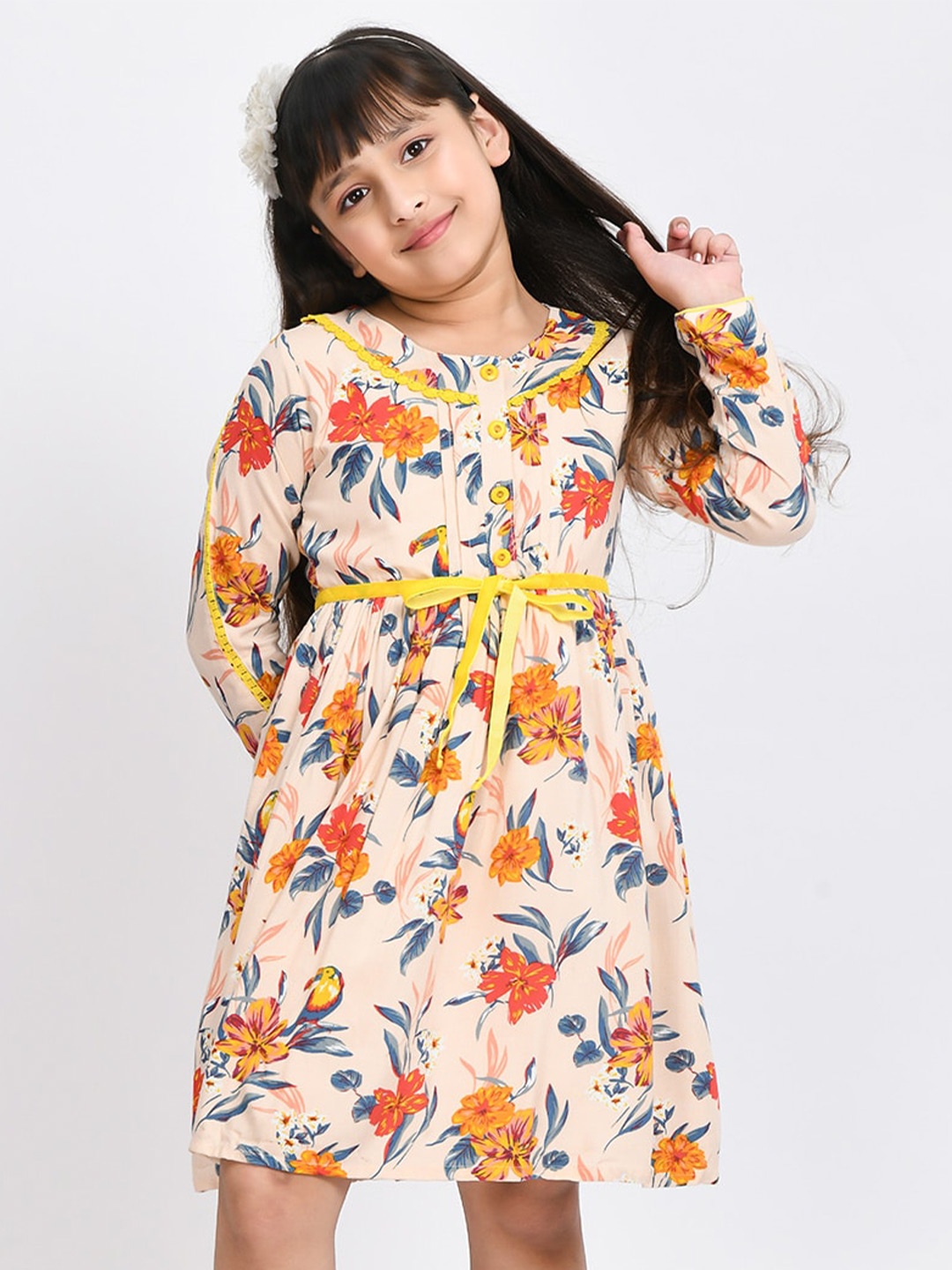 

Bella Moda Girls Beige & Orange Cotton Floral Dress