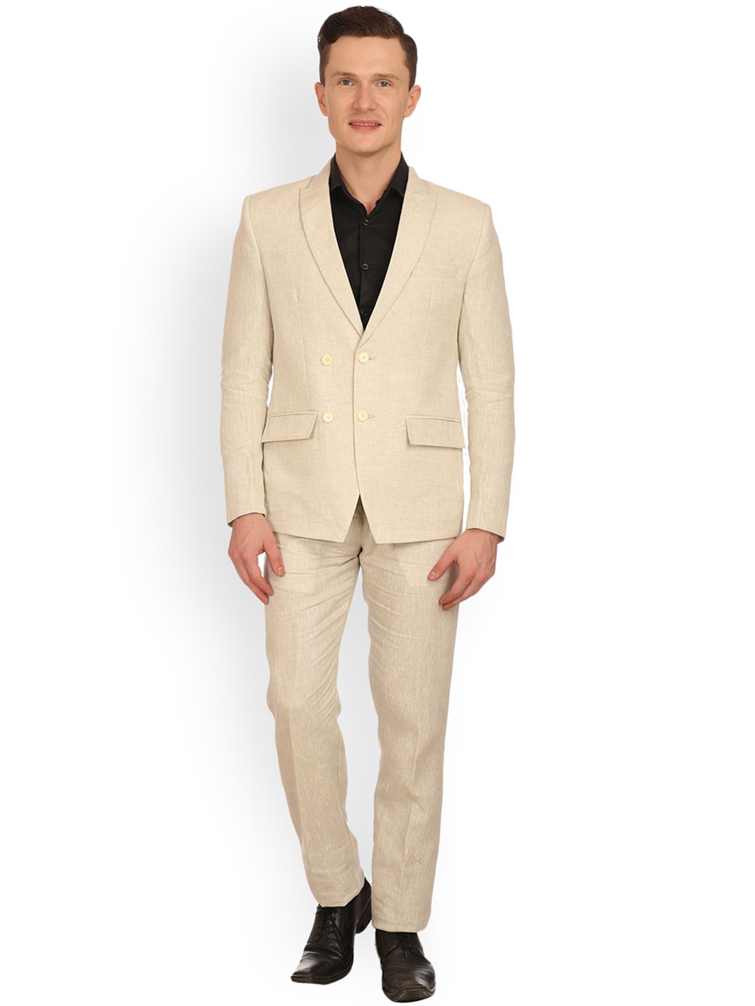 

Wintage Men Cream-Coloured Double-Breasted Regular Fit Linen Formal Suit
