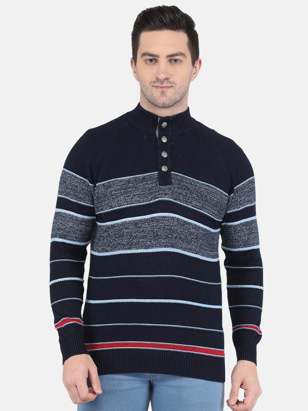 

Monte Carlo Men Navy Blue & Grey Striped Wool Pullover