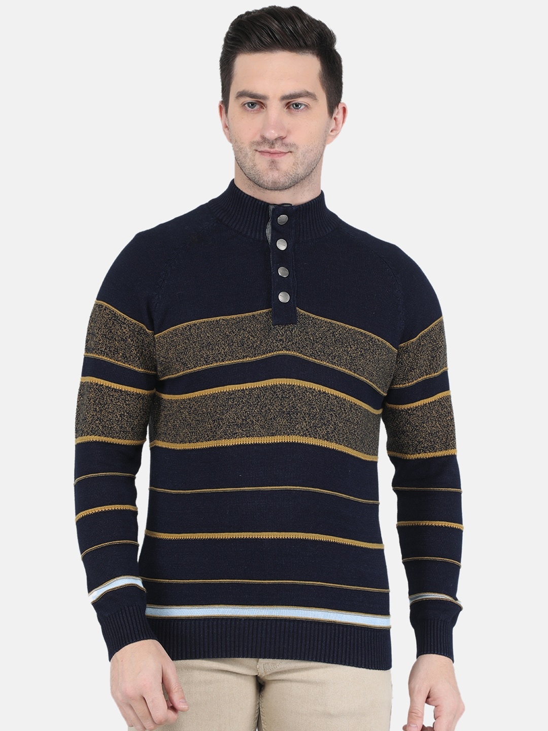 

Monte Carlo Men Black & Mustard Striped Wool Pullover
