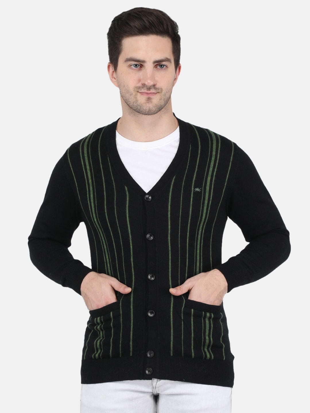 

Monte Carlo Men Black & Green Striped Wool Cardigan