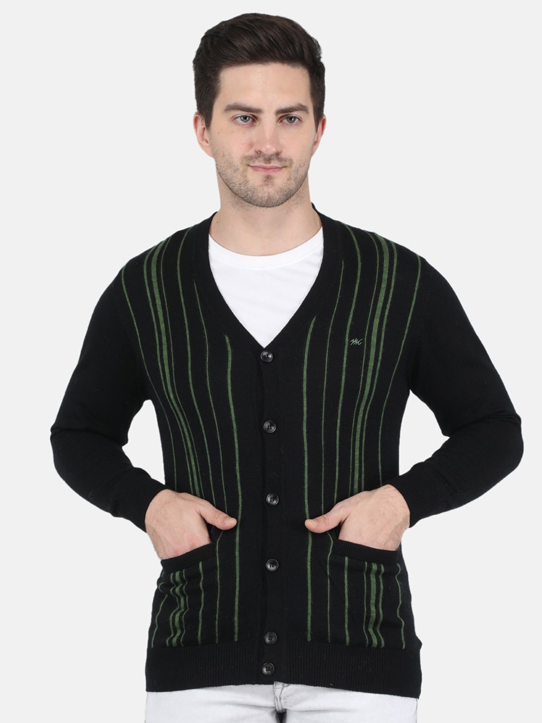 

Monte Carlo Men Black & Green Striped Pure Wool Cardigan