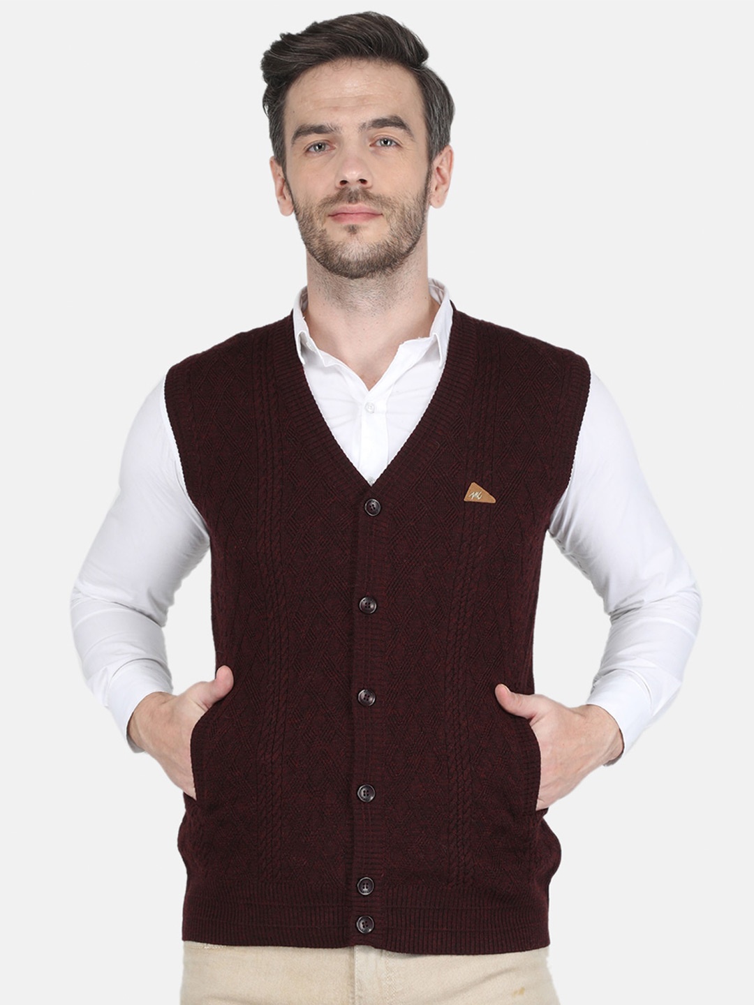 

Monte Carlo Men Maroon Cable Knit Cotton Cardigan