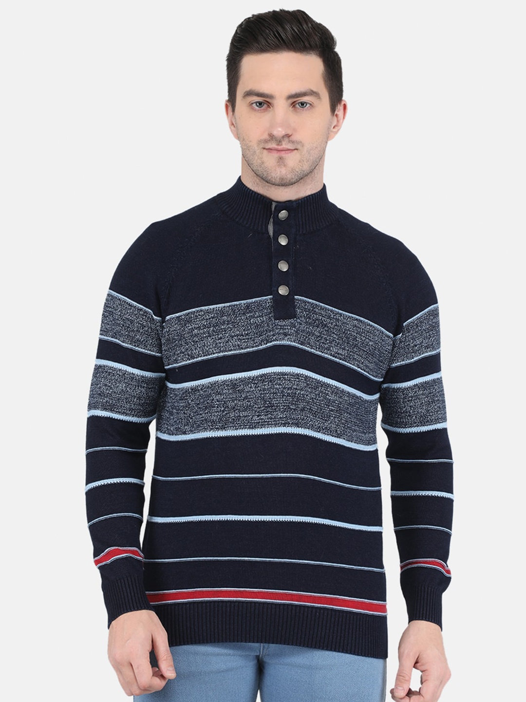 

Monte Carlo Men Navy Blue & Grey Striped Wool Pullover