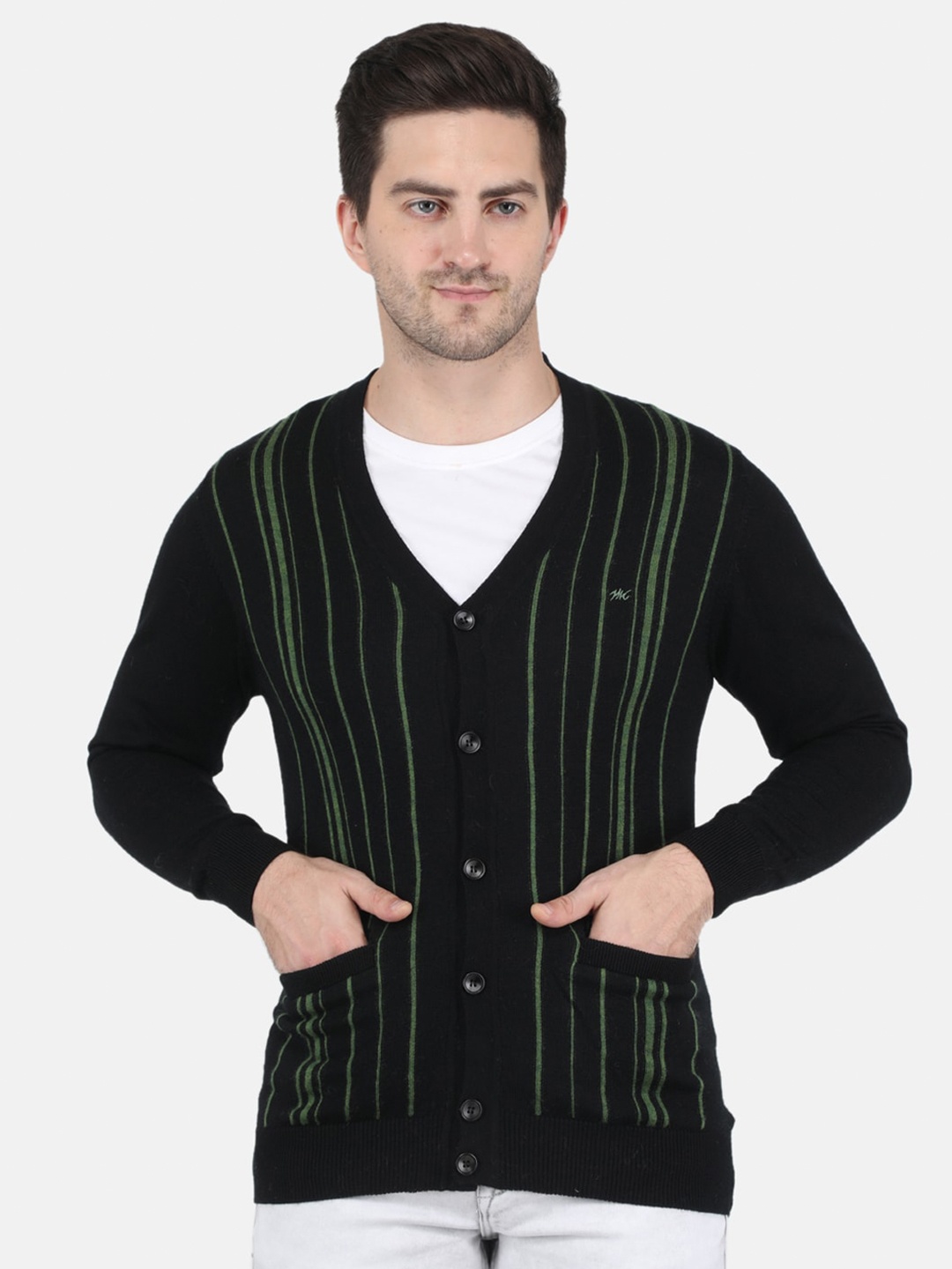 

Monte Carlo Men Black & Green Striped Striped Cardigan