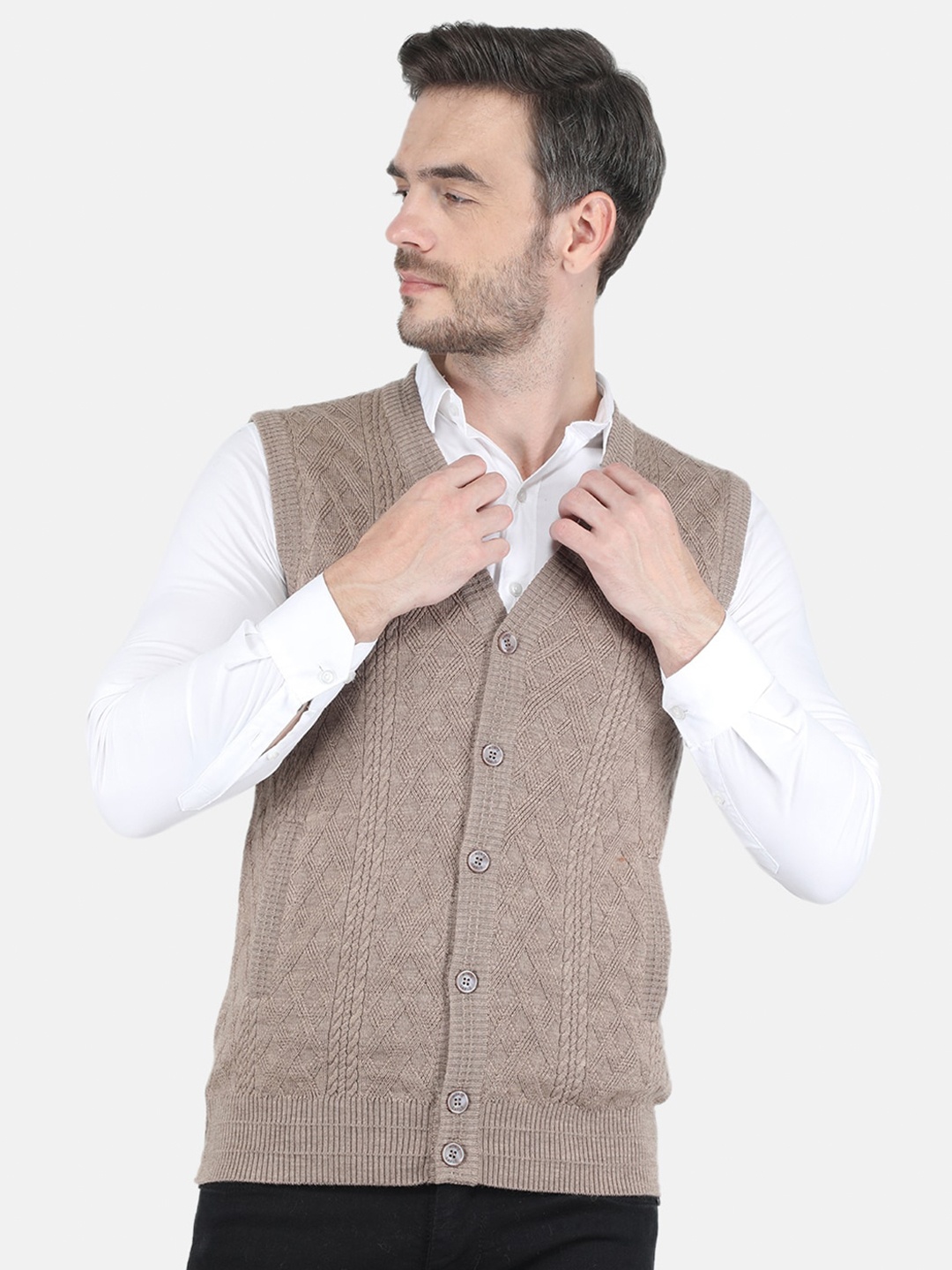 

Monte Carlo Men Brown Cotton Cable Knit Cardigan, Beige