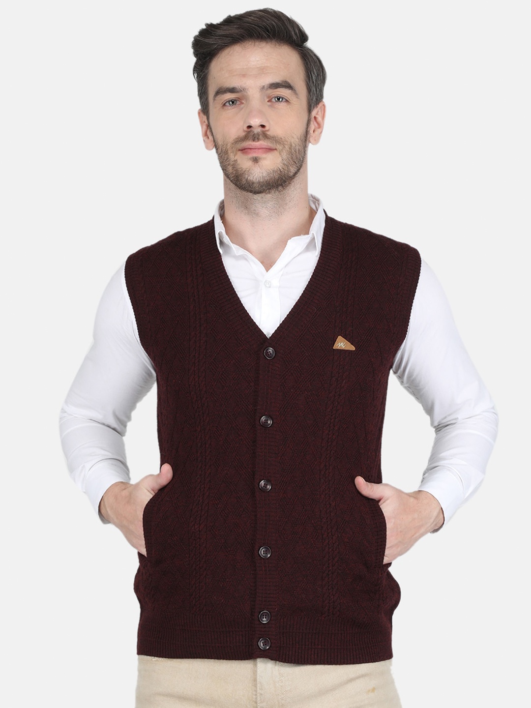 

Monte Carlo Men Maroon Cable Knit Sleeveless Cotton Cardigan