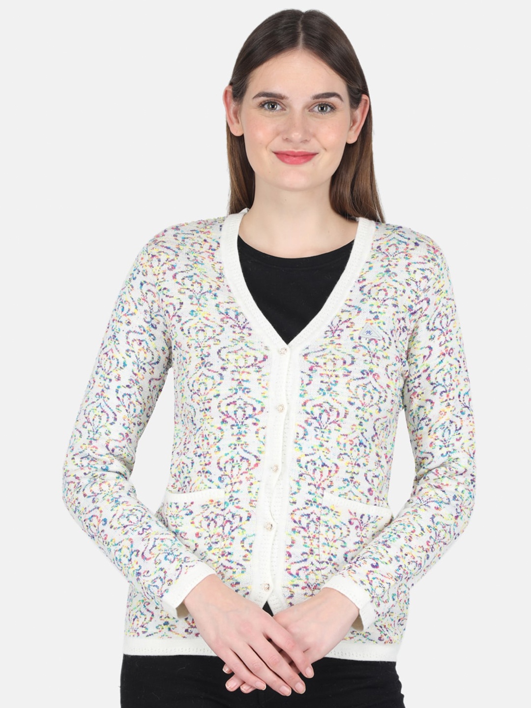 

Monte Carlo Women Off White & Purple Printed Cardigan