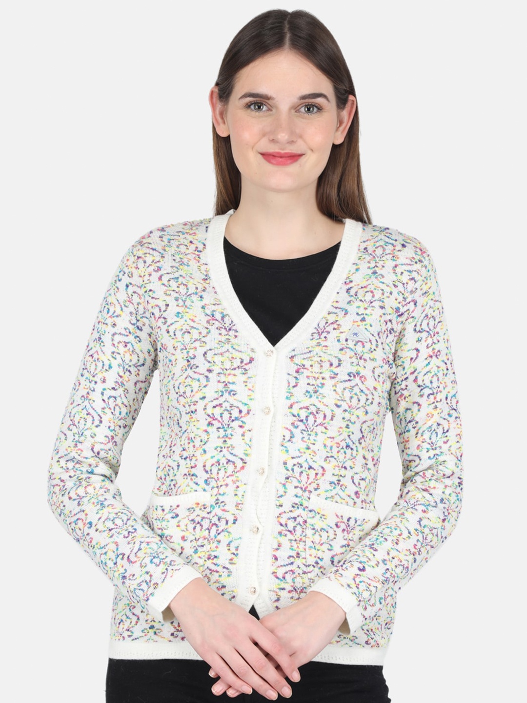 

Monte Carlo Women Off White & Purple Printed Woolen Cardigan