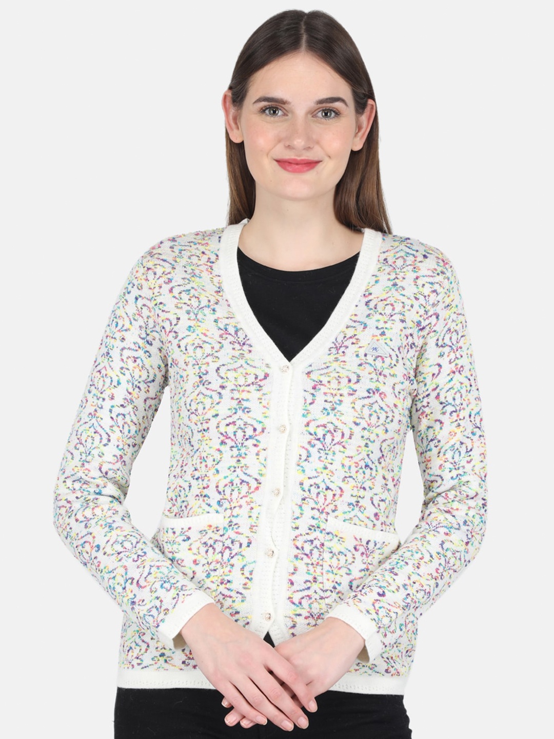 

Monte Carlo Women Off White & Blue Printed Woolen Cardigan