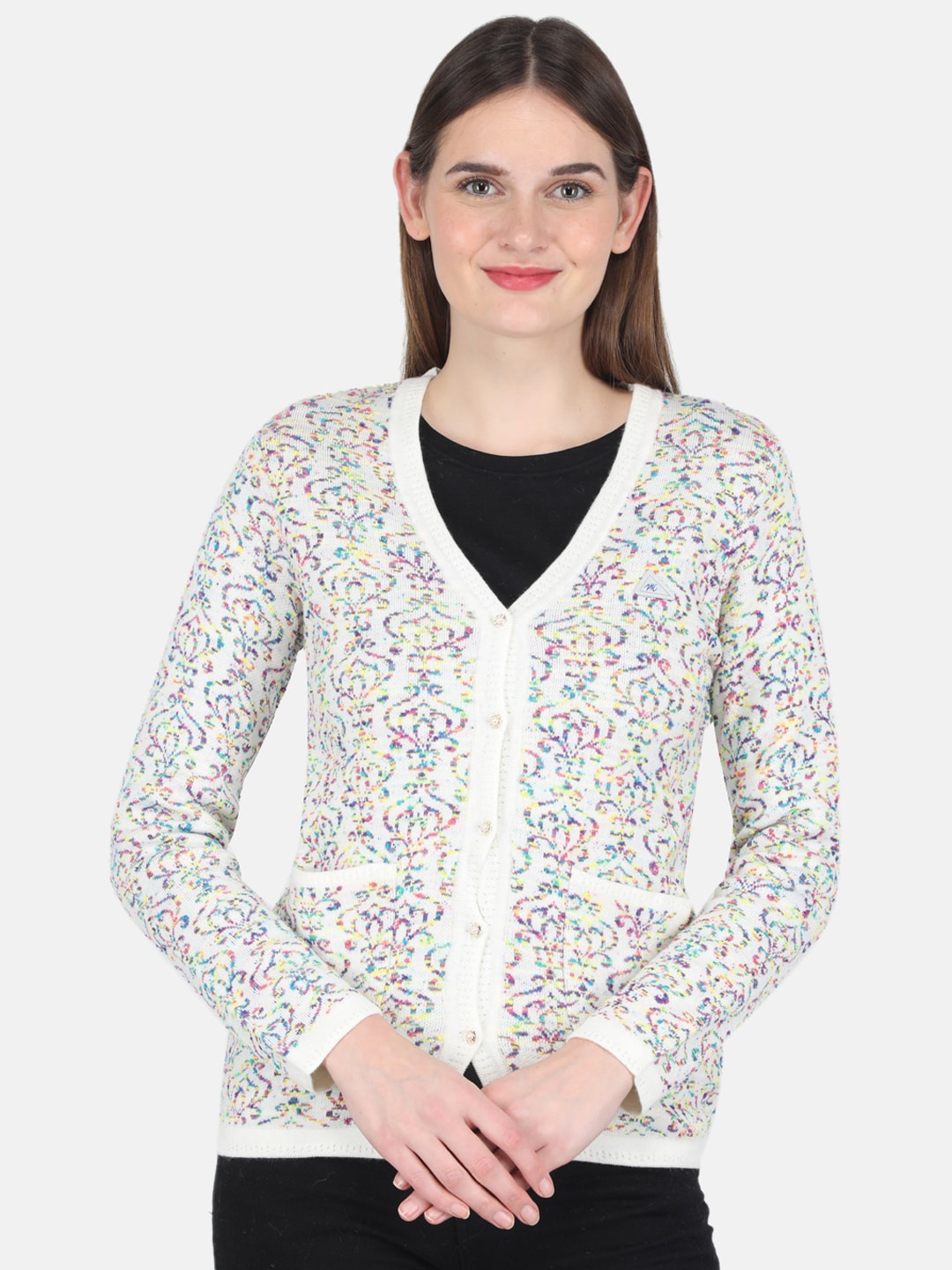 

Monte Carlo Women Off White & Purple Printed Wool Cardigan