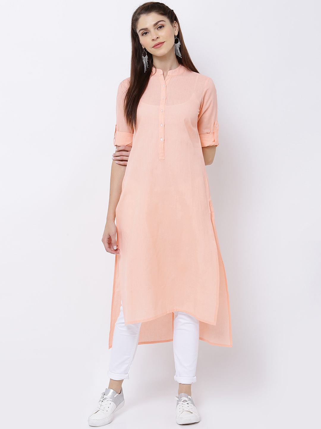 

Vishudh Women Peach-Coloured Solid Straight Kurta