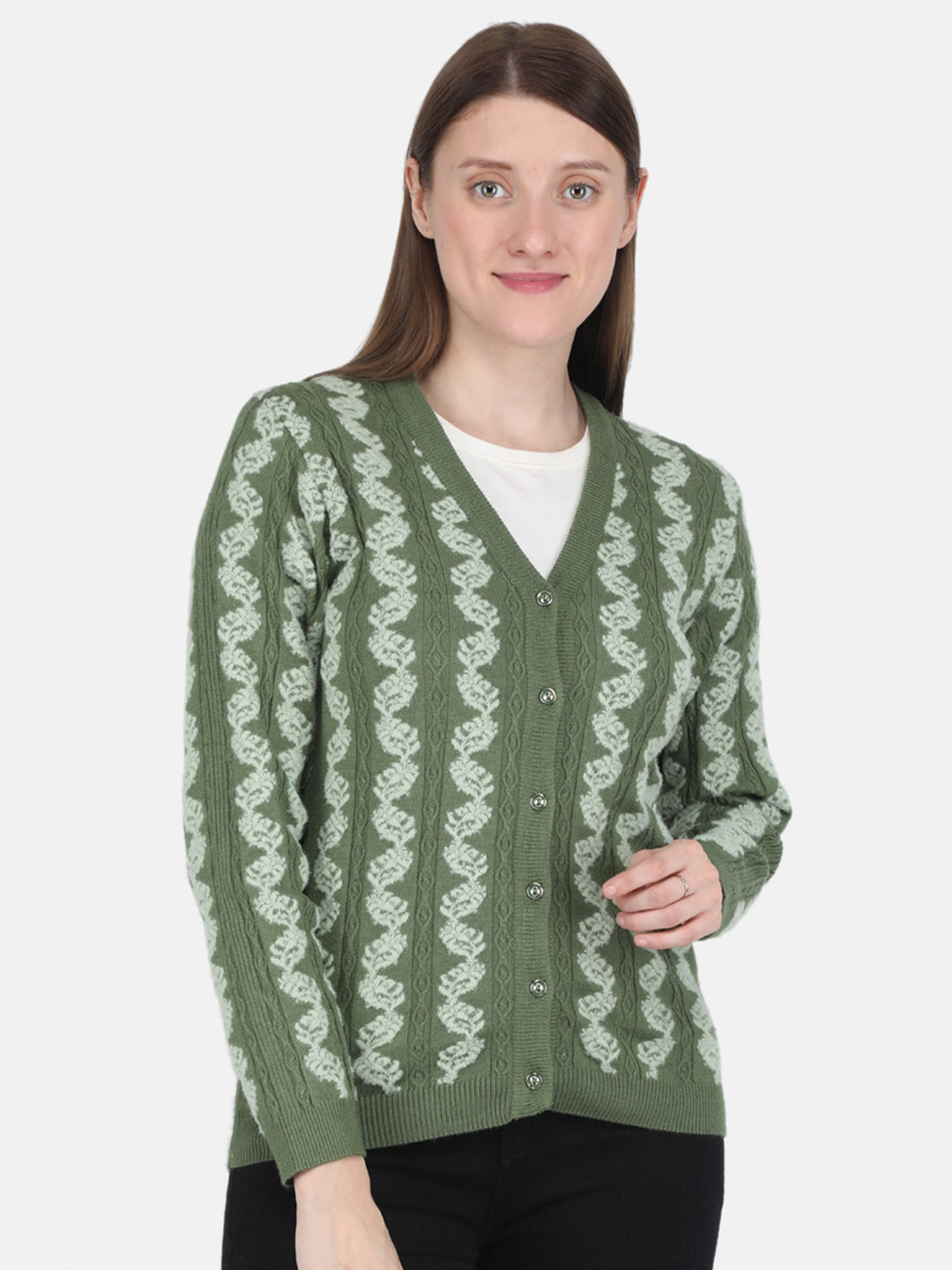 

Monte Carlo Women Olive Green & White Floral Printed Wool Cardigan Sweater