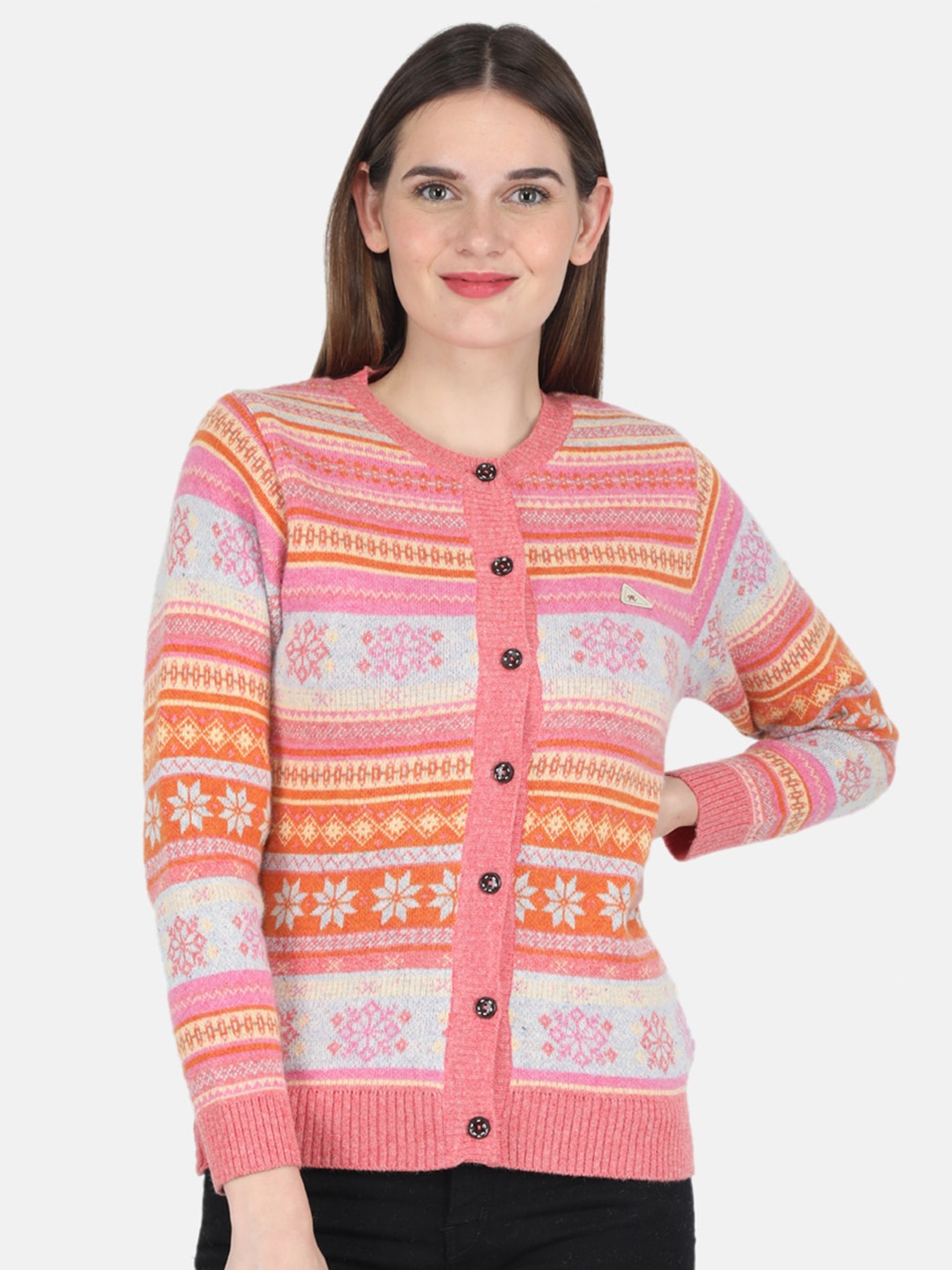 

Monte Carlo Women Pink & White Printed Wool Cardigan Sweater