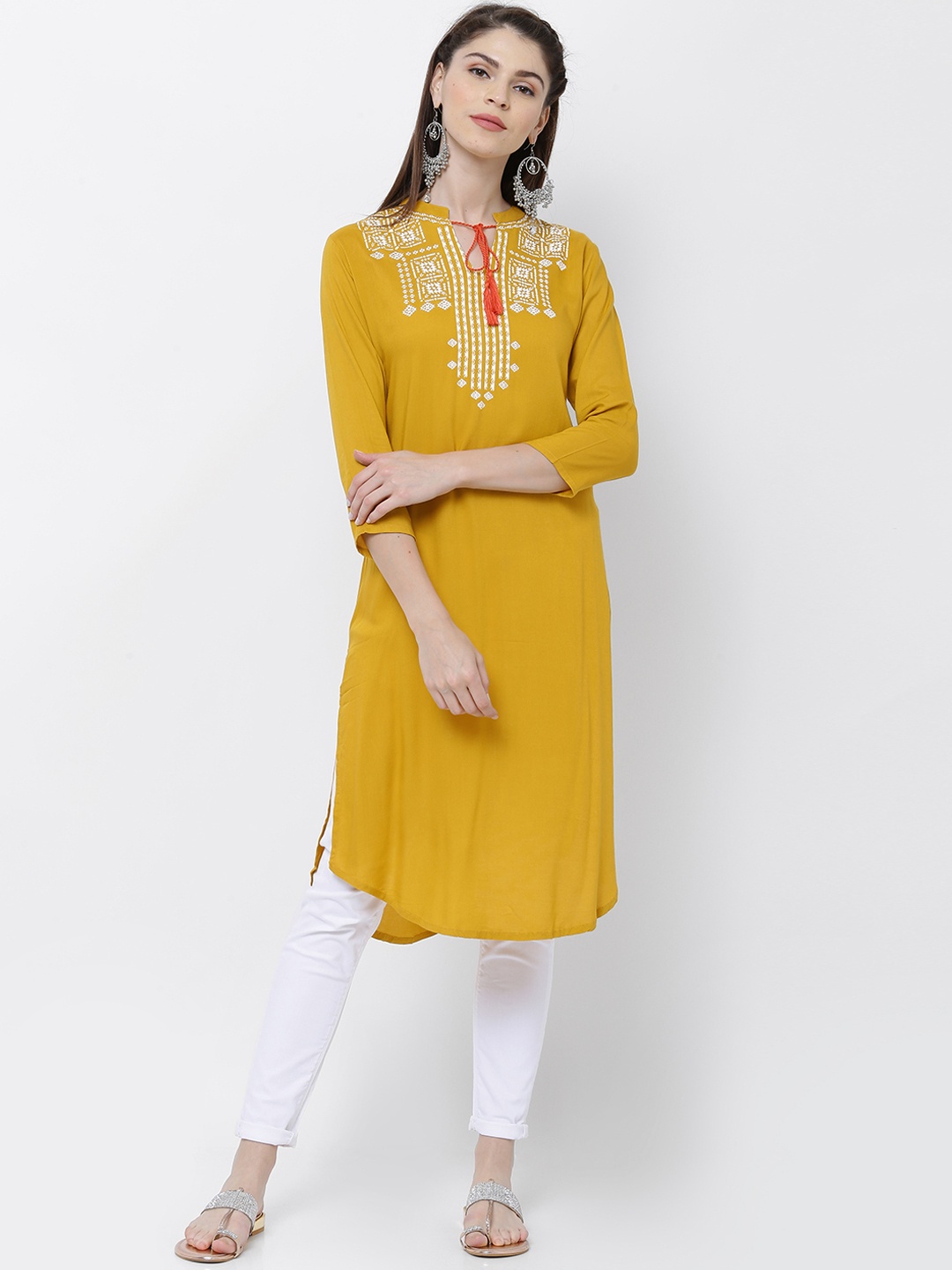 

Vishudh Women Mustard Yellow Printed Straight Kurta