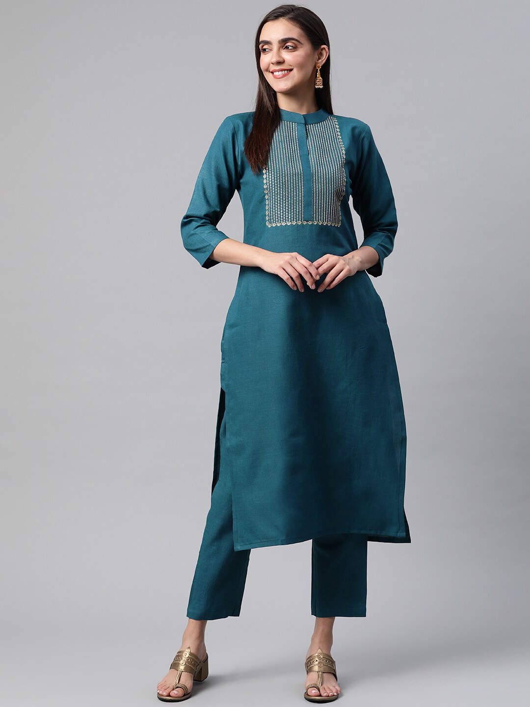 

KALINI Women Teal Yoke Design Kurta with Trousers