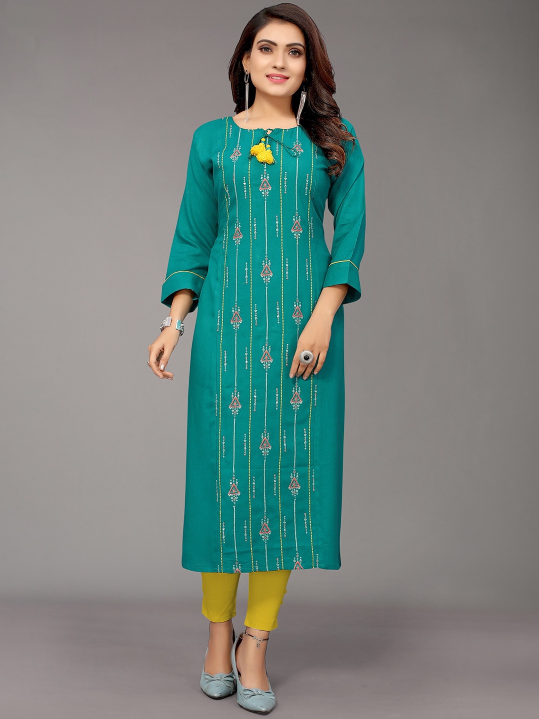 Nimayaa Women Teal Ethnic Motifs Printed Thread Work Kurta