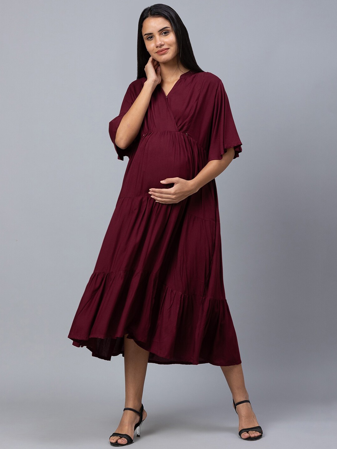 AV2 Maternity A-Line Flared Sleeves Dress, Maroon