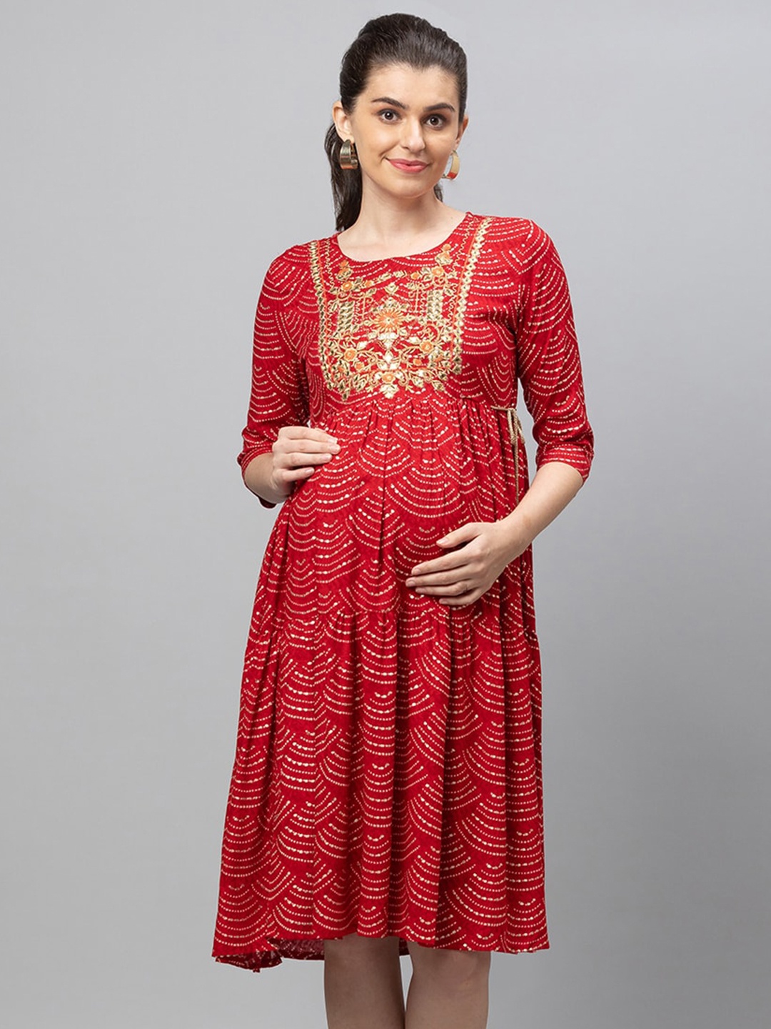 

AV2 Red Printed Fit And Flare Maternity Dress