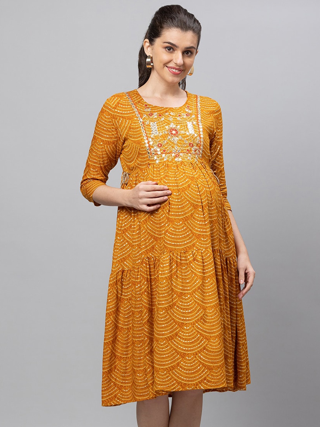 

AV2 Mustard Yellow Printed Maternity A-Line Dress
