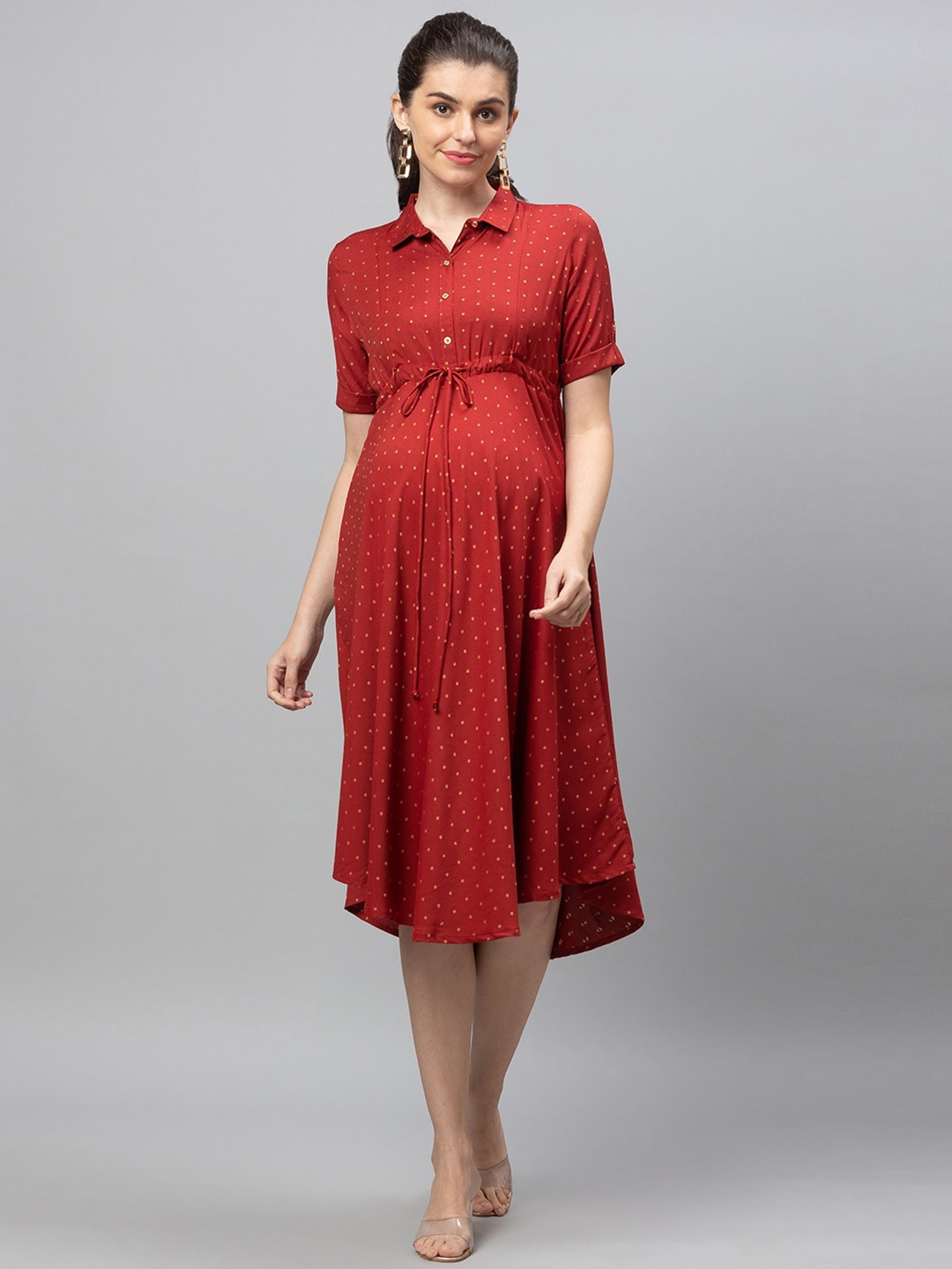 

AV2 Maroon Polka Dots Printed Maternity Shirt Midi Dress