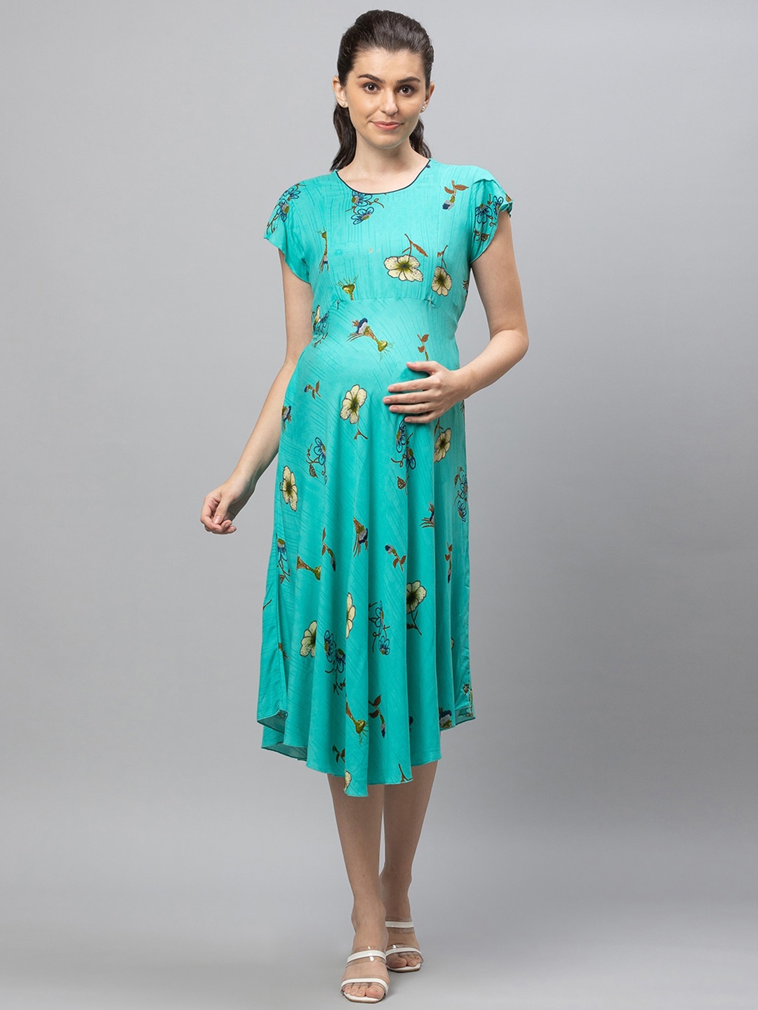 

AV2 Women Turquoise Blue Floral Maternity Midi Dress