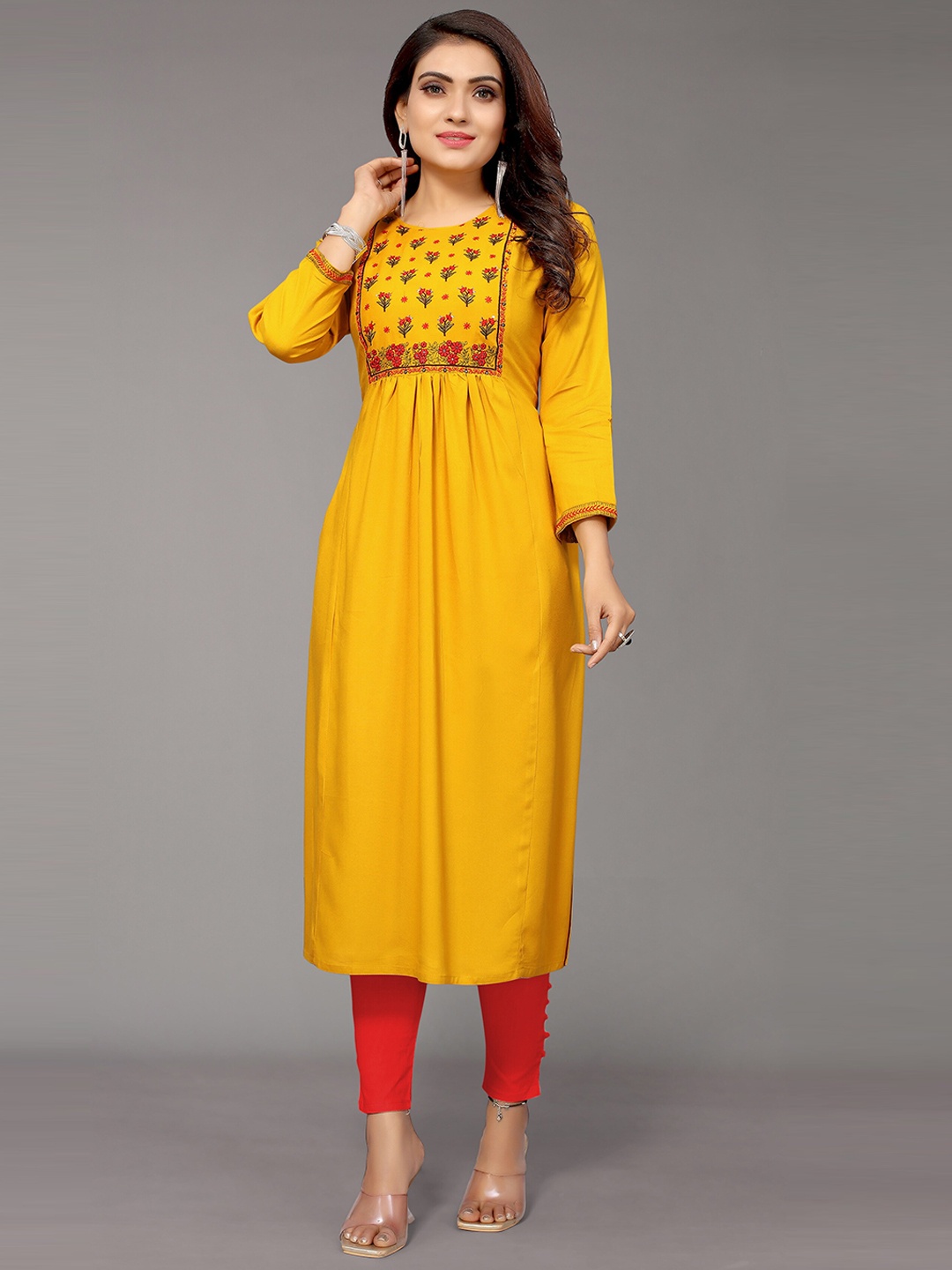 

Nimayaa Women Mustard Yellow Floral Embroidered Kurta