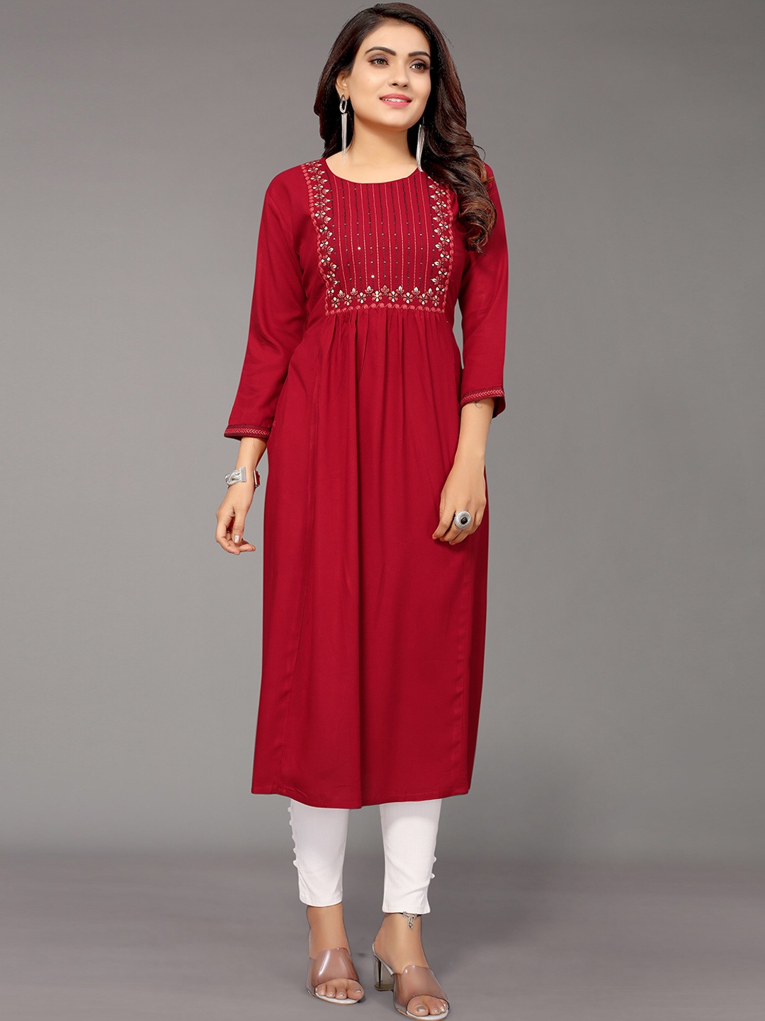

Nimayaa Women Maroon Floral Embroidered Round Neck Kurta