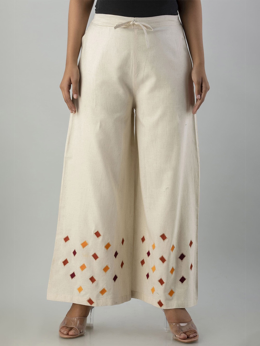 

MAUKA Women Cream-Coloured & Brown Embroidered Cotton Palazzos
