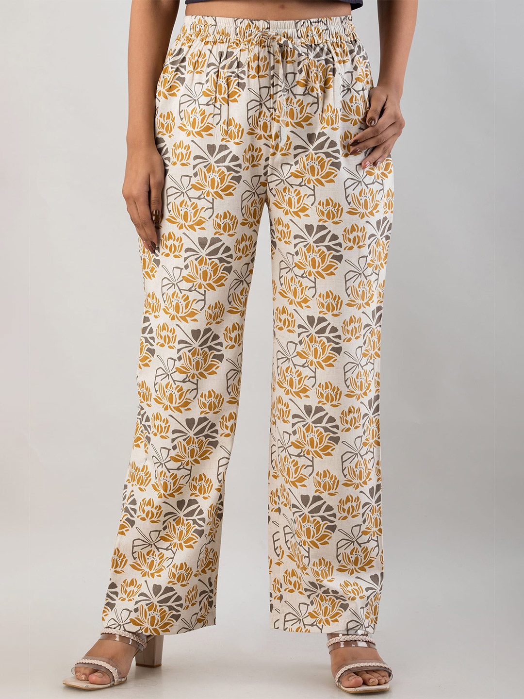 

MAUKA Women Off White & Mustard Yellow Printed Cotton Palazzo