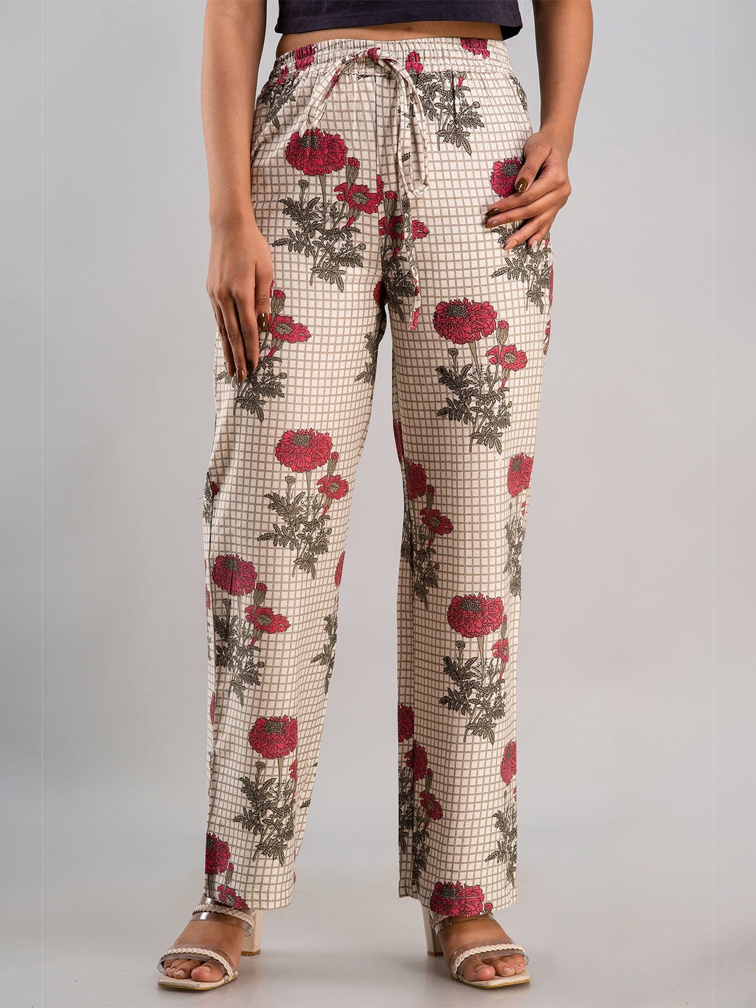 

MAUKA Women Cream-Coloured & Red Floral Printed Cotton Chambray Palazzos