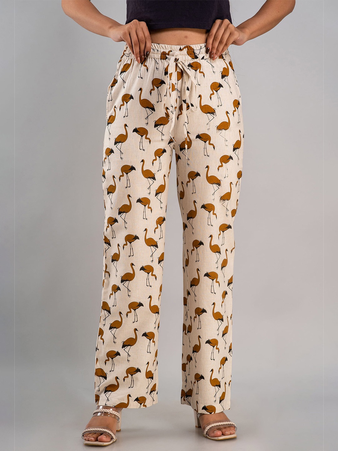 

MAUKA Women Cream-Coloured & Brown Printed Cotton Chambray Palazzos