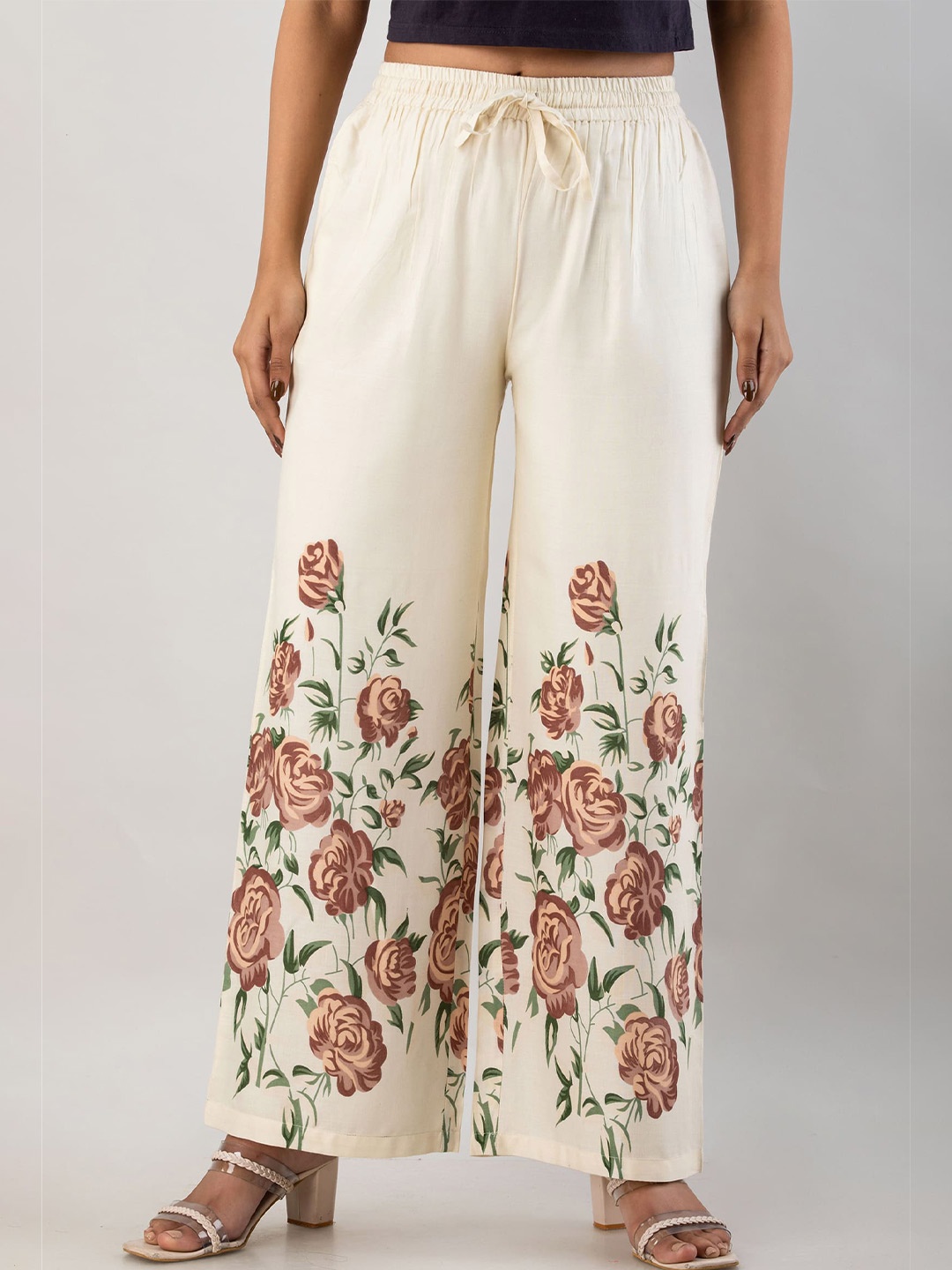 

MAUKA Women Cream-Coloured & Green Floral Printed Cotton Chambray Palazzos
