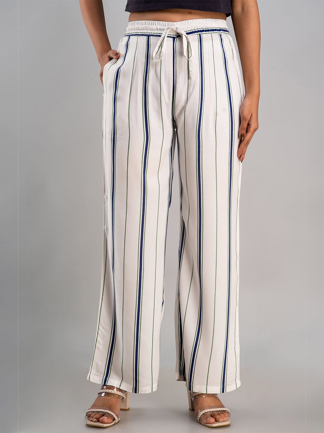 

MAUKA Women White & Grey Striped Cotton Chambray Palazzos
