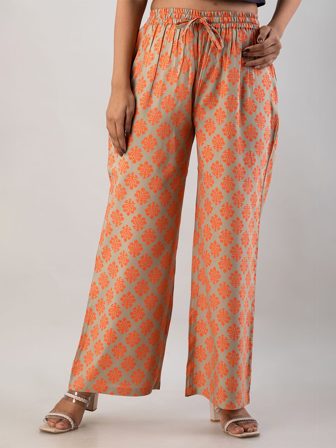 

MAUKA Women Beige & Orange Ethnic Motifs Printed Cotton Chambray Palazzos