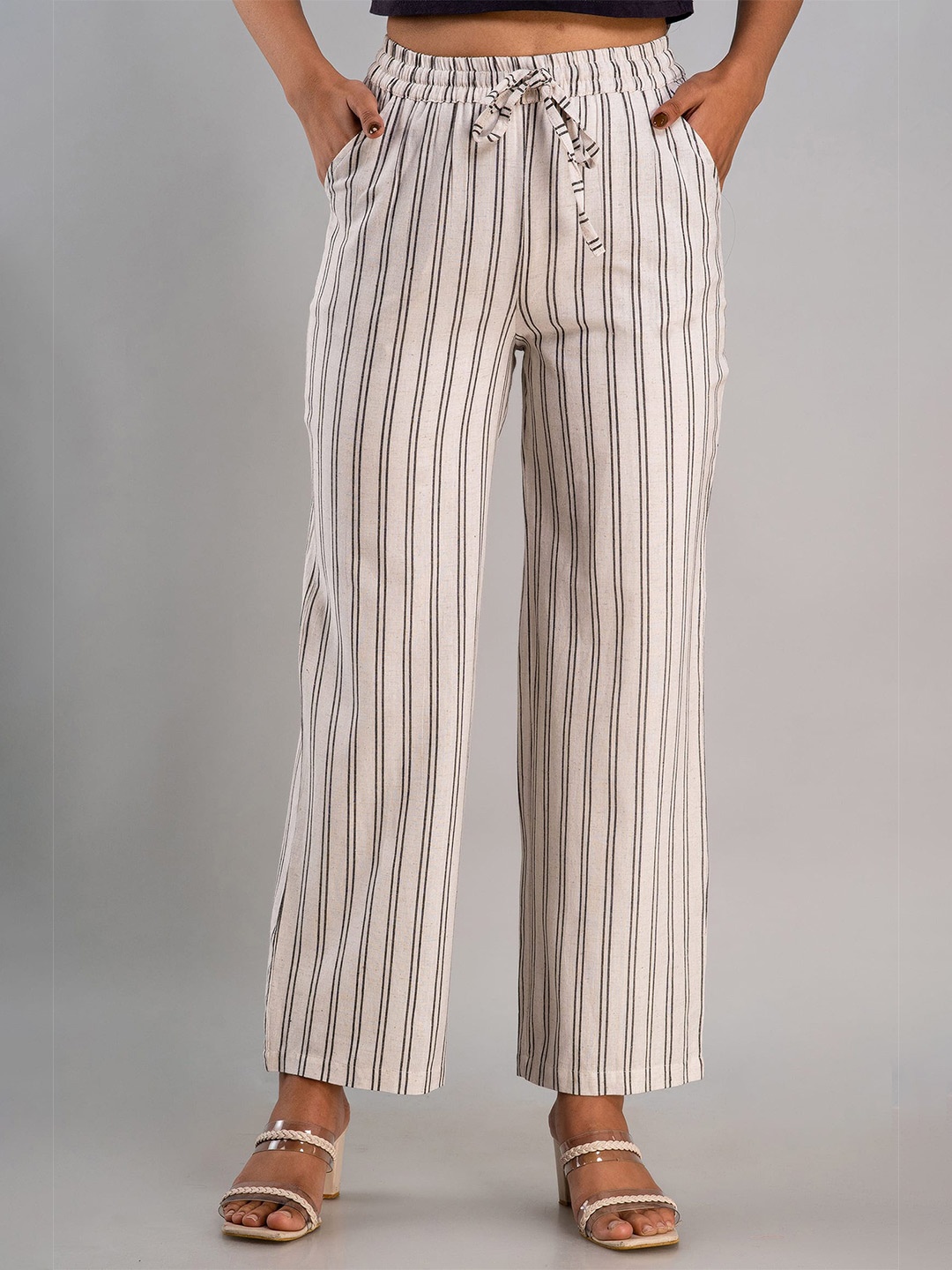 

MAUKA Women White & Black Striped Cotton Chambray Palazzos