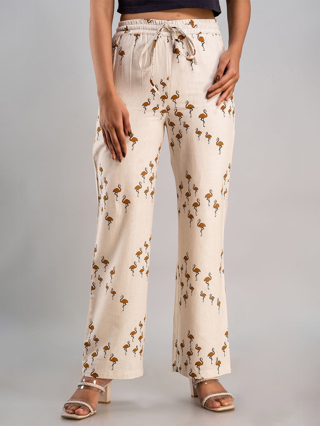 

MAUKA Women Cream-Coloured & Brown Printed Cotton Chambray Palazzos