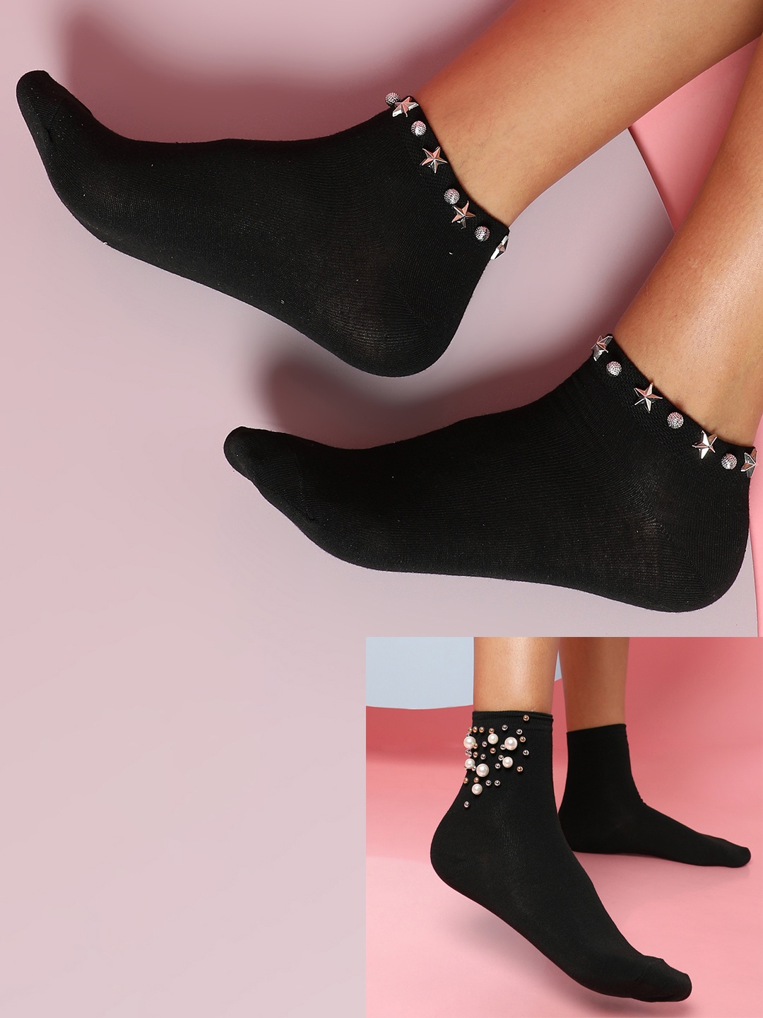 

HAUTE SAUCE by Campus Sutra Women Black Pack Of 2 Cotton Embellished Ankle Length Socks