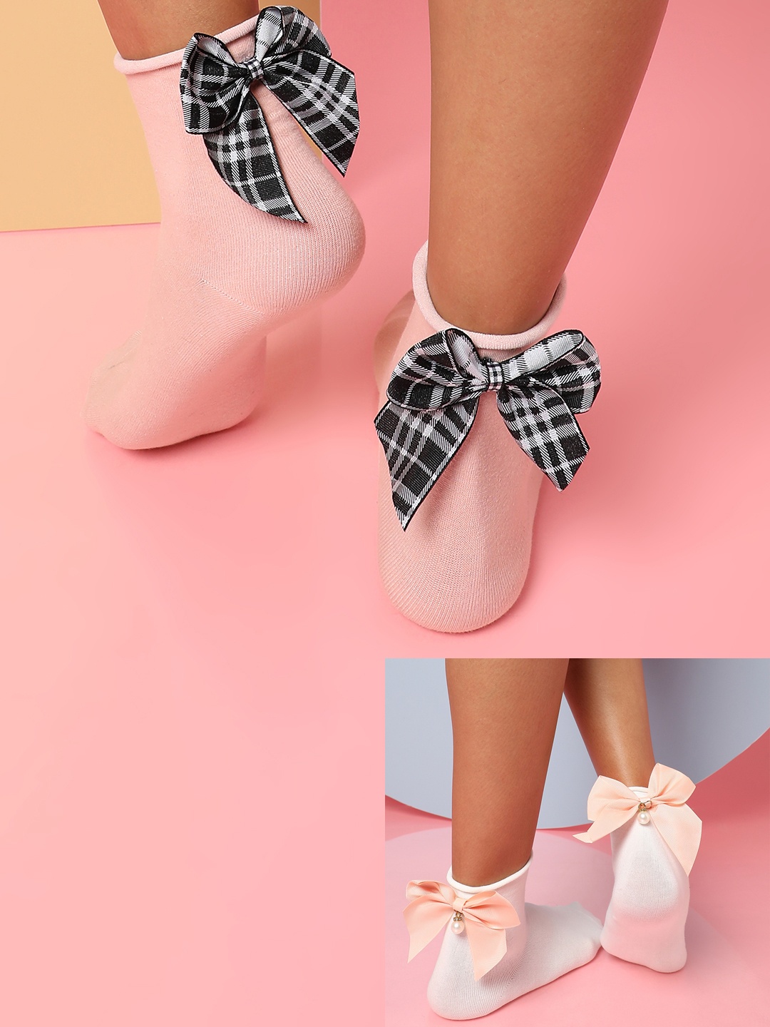 

HAUTE SAUCE by Campus Sutra Women White & Peach Pack Of 2 Cotton Ankle-Length Socks, Pink