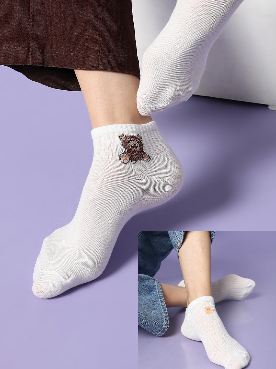 

HAUTE SAUCE by Campus Sutra Women White Pack Of 2 Cotton Solid Ankle Length Socks