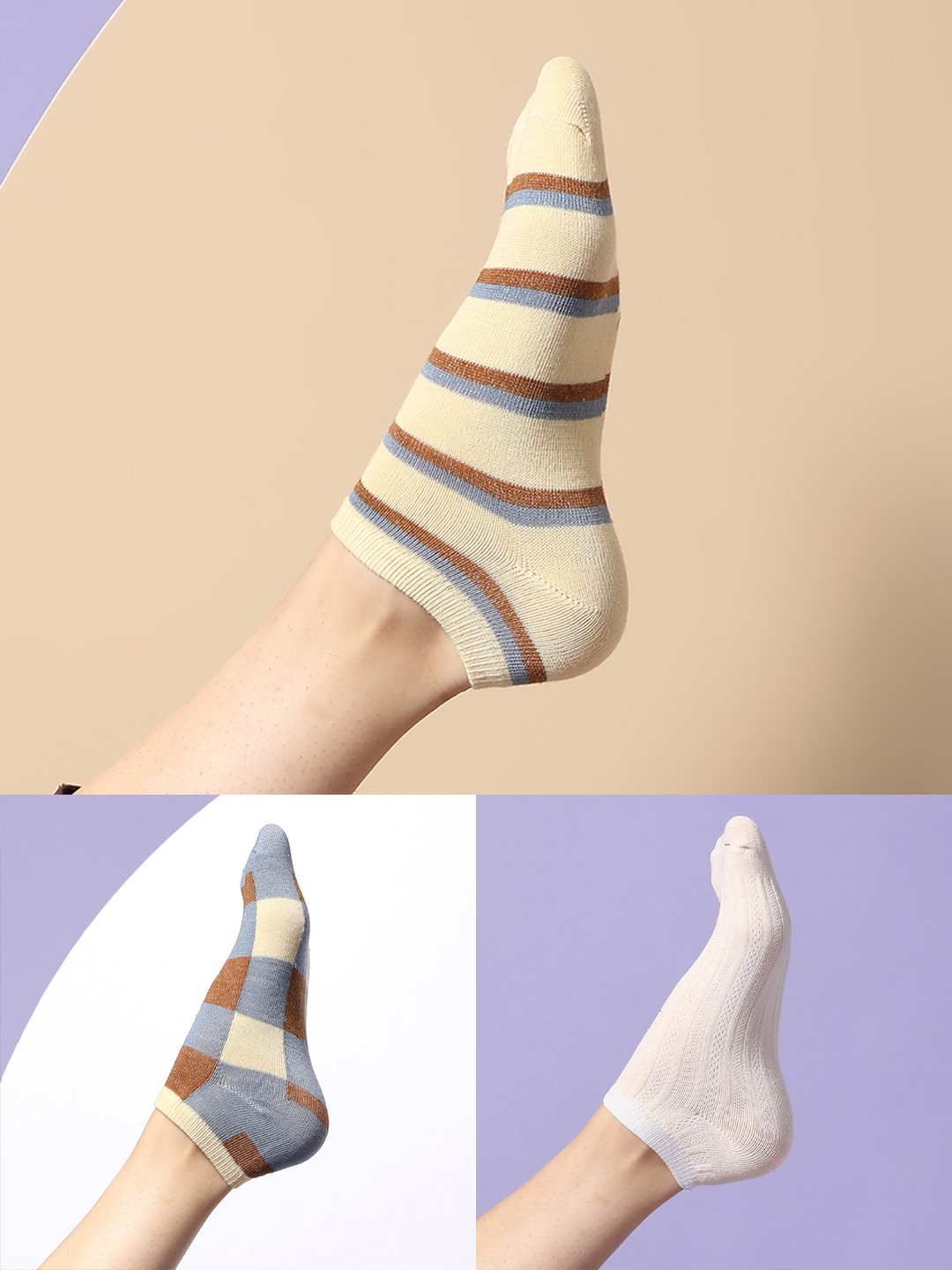 

HAUTE SAUCE by Campus Sutra Women Pack Of 3 Patterned Cotton Ankle-Length Socks, Beige