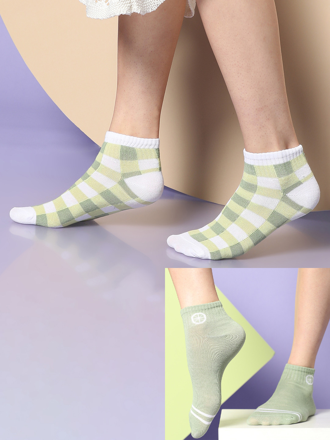 

HAUTE SAUCE by Campus Sutra Women Pack Of 2 Checked Cotton Ankle-Length Socks, Green