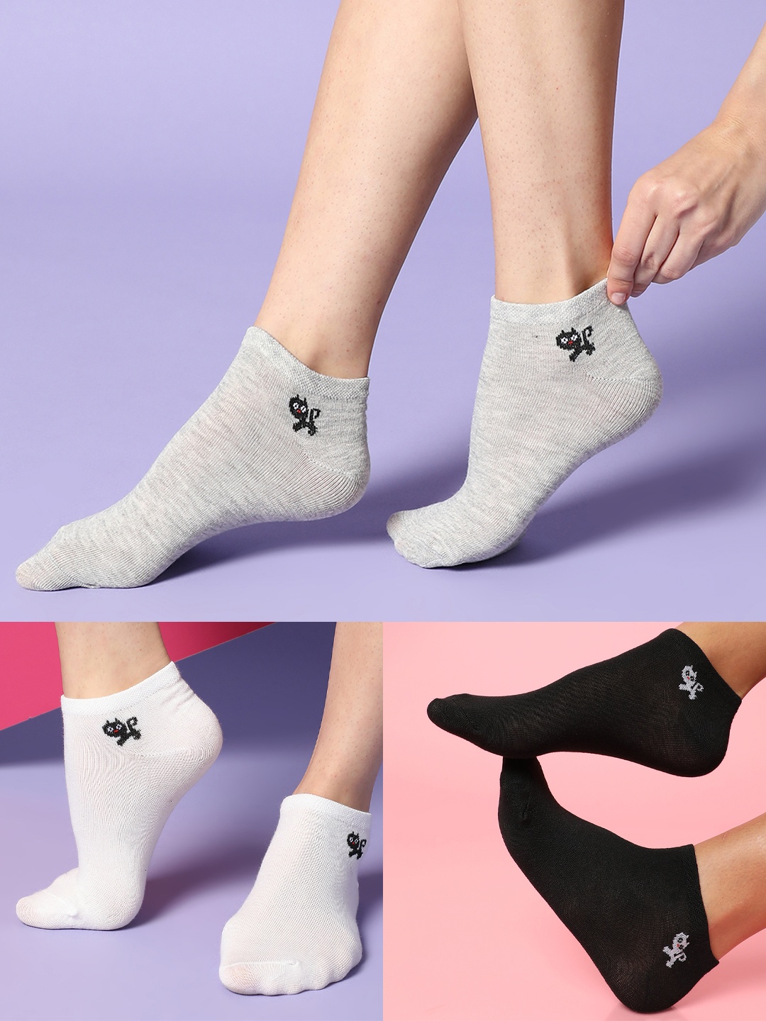 

HAUTE SAUCE by Campus Sutra Women Pack Of 3 Cotton Solid Ankle Length Socks, Black