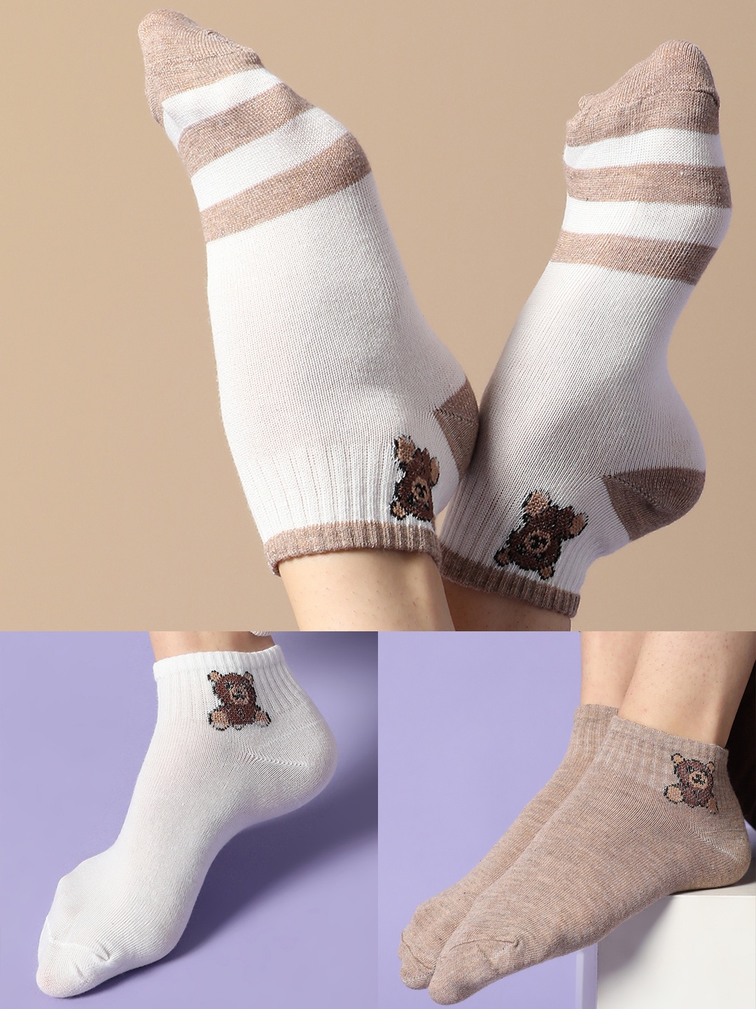 

HAUTE SAUCE by Campus Sutra Women Pack Of 3 Patterned Ankle Length Socks, White