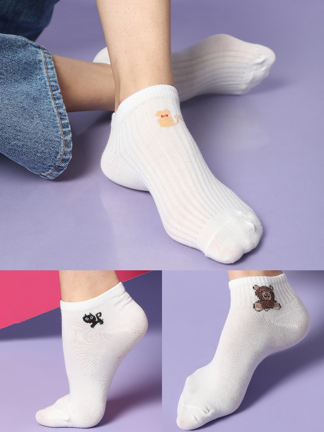 

HAUTE SAUCE by Campus Sutra Women Pack Of 3 White Solid Ankle Length Socks