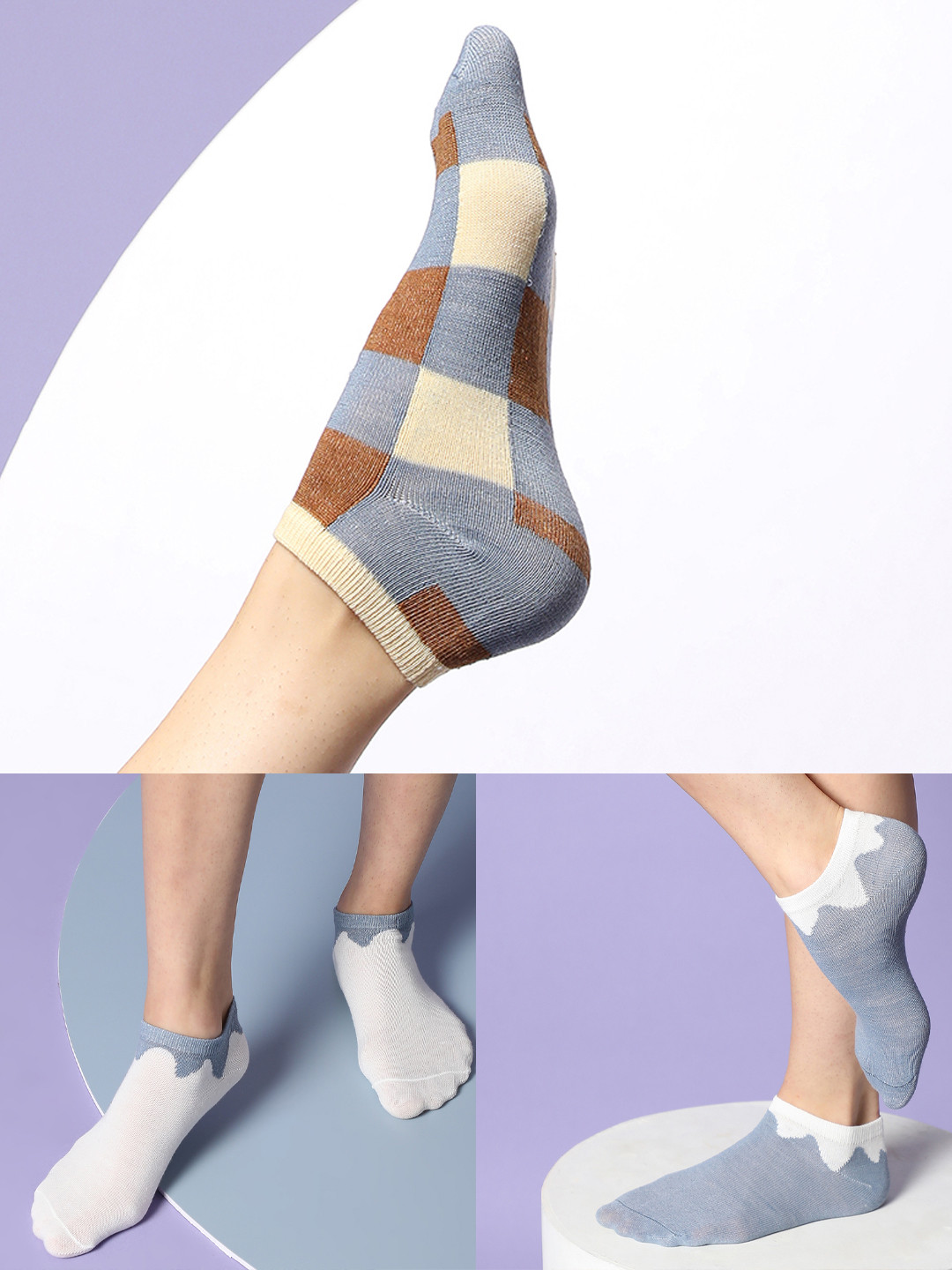 

HAUTE SAUCE by Campus Sutra Women Pack Of 3 Patterned Cotton Ankle-Length Socks, Blue